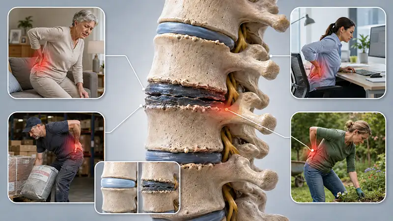 An older man holds his lower back in pain, illustrating age-related disc degeneration treated at Shore Spine & Pain.