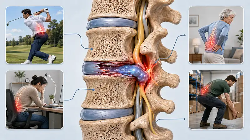 Man grips his lower back in pain while lifting a heavy box, a common cause of herniated discs treated at Shore Spine & Pain.
