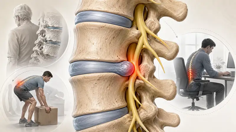 A man grips his lower back at his desk, showing how strain and poor posture lead to bulging discs at Shore Spine & Pain.