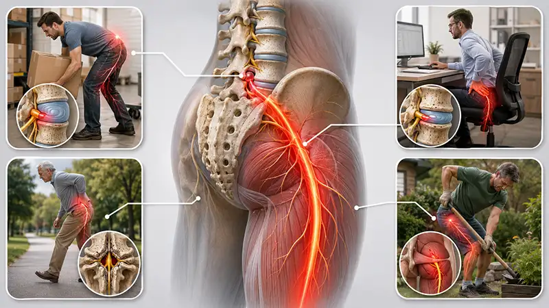 A spinal model shows nerve root compression, illustrating how disc problems cause sciatica treated at Shore Spine & Pain.