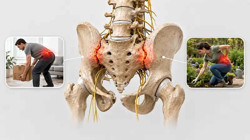 A runner grips his back in pain, showing how athletic strain contributes to sacroiliac joint pain at Shore Spine & Pain.