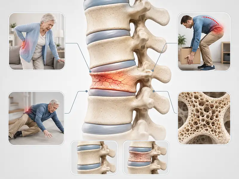 An older man with a cane holds his back in pain, showing how bone loss leads to compression fractures at Shore Spine & Pain.