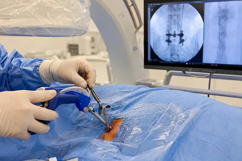 A Shore Spine & Pain surgeon in a blue surgical gown, cap, and face mask performing a procedure under sterile draping in an operating room.