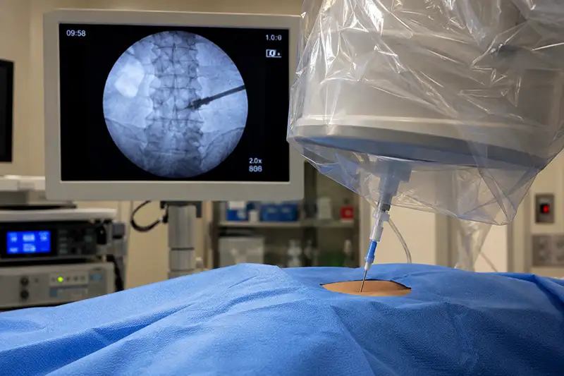 A physician holding a spinal anatomical model and explaining a kyphoplasty or vertebroplasty procedure to two attentive patients during a consultation at Shore Spine & Pain.