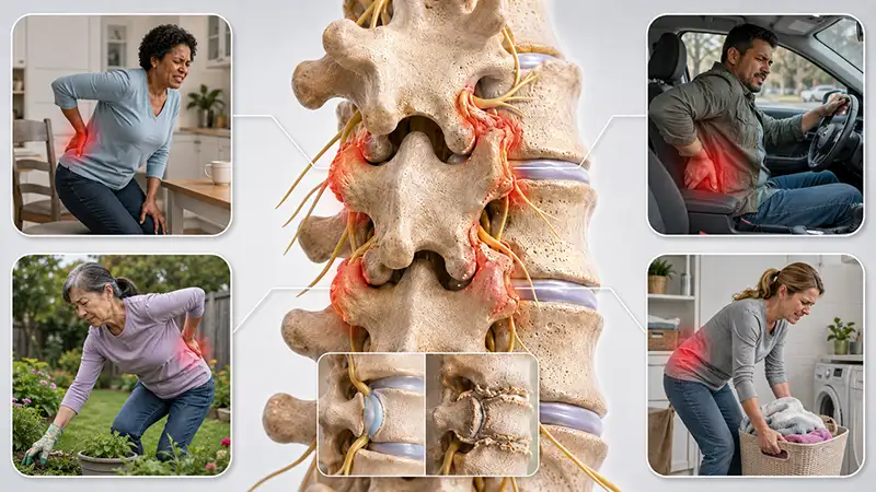 An older woman grips her lower back in her kitchen, showing how aging causes facet joint syndrome at Shore Spine & Pain.