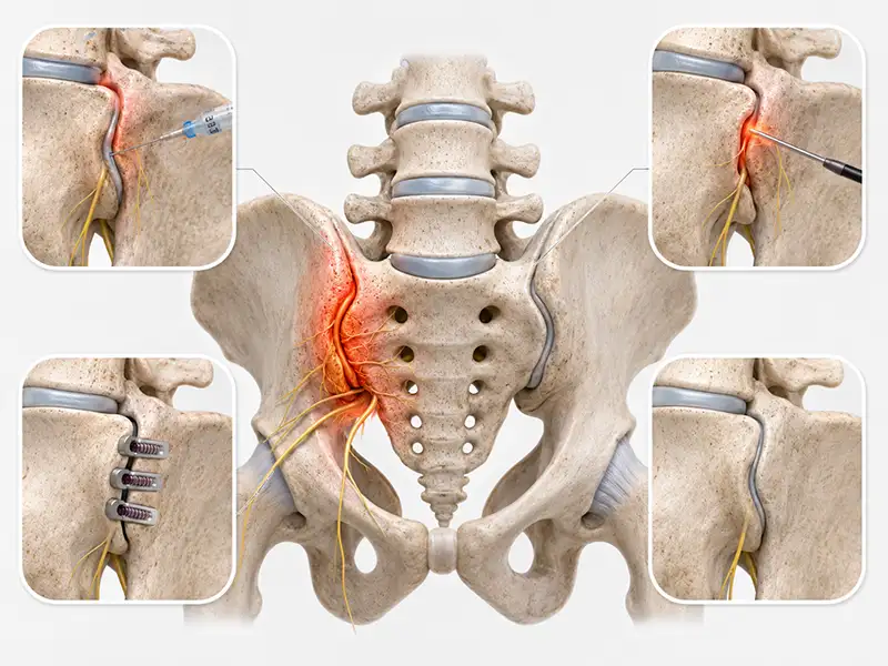 A physician discusses sacroiliac joint pain treatment with a patient gripping her lower back at Shore Spine & Pain in NJ.