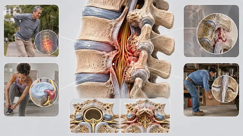 A warehouse worker grips his back in pain, showing how occupational strain can cause spinal stenosis at Shore Spine & Pain.