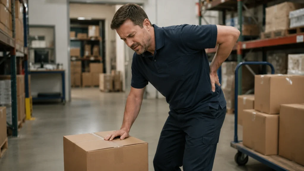 Worker holding his lower back after lifting a box, showing work-related back pain that may need evaluation at Shore Spine & Pain.