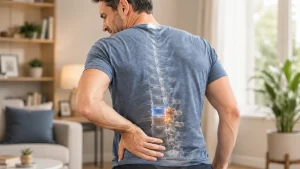 Man holding his lower back at home with a spinal overlay highlighting a lumbar disc and facet joint for Shore Spine & Pain.