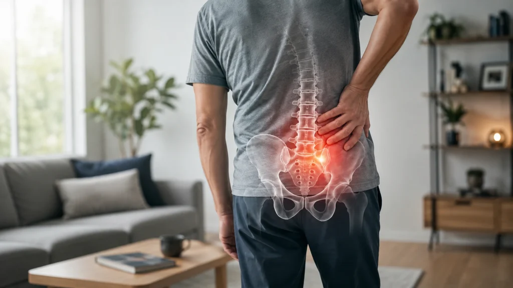 Person holding the lower back at home with a highlighted SI joint area, illustrating recurring SI joint pain for patients in Lakewood and Shrewsbury. NJ.