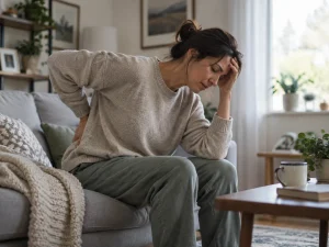 Adult sitting on the edge of a bed with chronic back pain, illustrating the connection between persistent pain, low mood, and disrupted sleep.